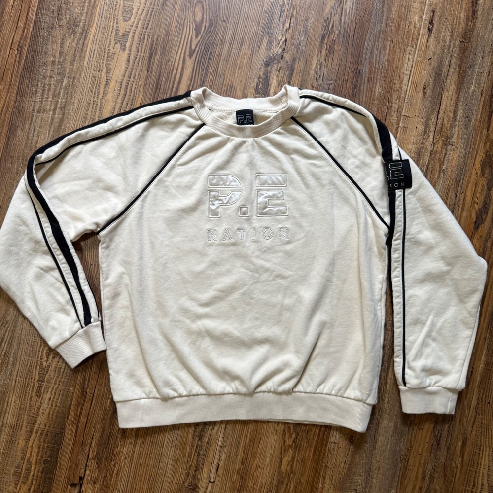 P.E Nation Sweatshirt Women S Cream Black Stripe Embroidered Logo Organic Cotton